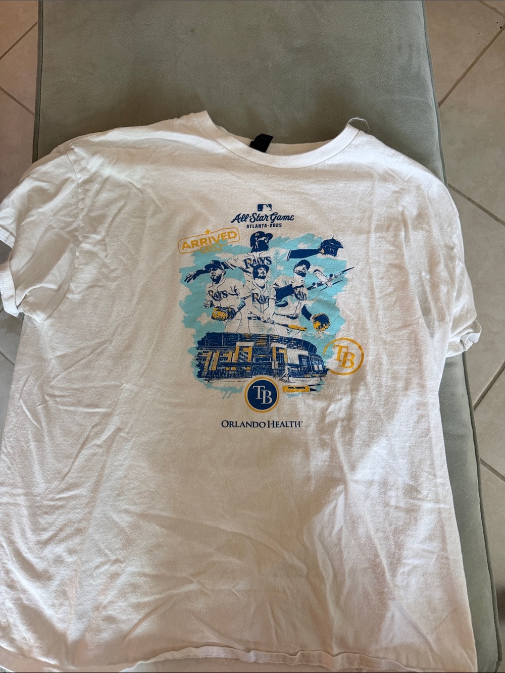 Tampa Bay Rays White Graphic T‑Shirt with Blue & Yellow Print